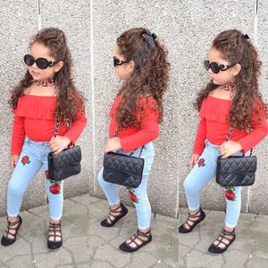 Autumn Clothing Sets Baby Kids Long Sleeve Red T-shirt +rose Print Jeans 2pcs Suits Girls Clothes