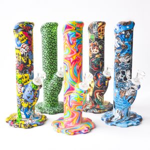 Printing 10.5 inches Silicone Water Pipe oil rig unbreakabale silicone bongs with silicone downstem and glass bowl