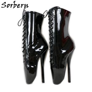 Botas de tornozelo de patente preta de Sorbern para mulheres balé salto alto Stilettos lace up short fetiche sapatos bdsm botas unisex