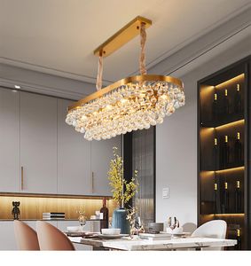 Gold rectangle chandelier lighting dining room kitchen island luxury water droplet crystal lamp villa hall store lustre cristal