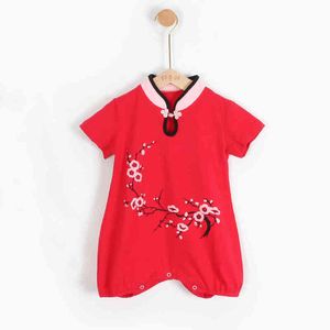Baby flicka tang kostymer kinesisk stil röd rompers klassisk plommon blomma mönster kostym en bit cheongsam krage spädbarn jumpsuit G1221