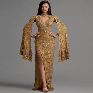 Gold Crystal Designer Sheath Evening Dress High Neck Sexy High-split Prom Dress Long Sleeves Sweep Train Custom Made Robe de soirée