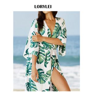 2020 mulheres verão praia túnica swimwear cobertura plus size folha impressa algodão sarong biquini wrap vestido vestido de plage pareo n675 y200708