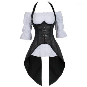 Steampunk espartilho listrado Long Long Straps Bustier Vest Cubra com Blusa Gótico Branco Plus Size Burlesque Traje Dois Peças Korsett1