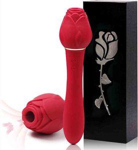 NXY Vibrators 2 In 1 Rose Shaped Long Colorful Black Red Pink Clitoral Vagina Suction Sucking Vibrating Sex Toy Dildo Vibrator For Woman 0105