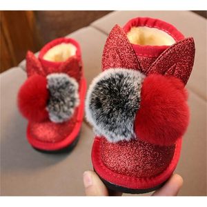 الفتيات الصغيرات الأحذية الأرنب بوم بومس بريق الكاحل الحذاء فو الفراء الوردي الأحمر الأسود الحيوان الأحذية الجديدة الدافئة الثلوج الأحذية Sandq الطفل LJ200911
