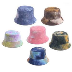 Kvinnor Winter Corduroy Velvet Striped Bucket Hat Colorful Tie-Dye Printed Reversible Double Sided Harajuku Fisherman Cap1