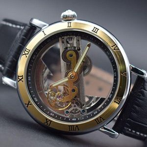 2018 Szkielet Forseining Watch Czarny Skórzany Pasek Męskie Zegarki Case Top Transparent Design Wrist Automatyczne QFVUW