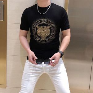 Summer New Cotton Men s T Shirts Novel Design Printing Tiger Head Hot Diamond Round Neck Casual Tees Bottoming Top Male Clothing Red Black White S XL