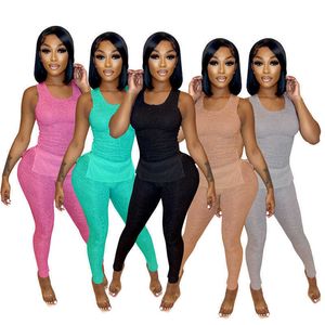 2022 Sommer -Tracksanlagen für Frauen gestrickt 2 Stück Hosen Set Rib Tanktops Weste Sheer Leggings Solid Clubwear Split Sweatsuits