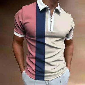 Mode Men's Polo -skjorta med randig sömnad tryck Kort ärm Business Casual Lapel Zipper Summer Polo Men's Stree 220308