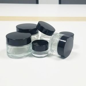 High End 5ml 10ml 15ml 20ml 30ml 50ml 60ml 100ml Transparent Glass Face Cream Body Cream Jar with Black Lid Airtight Smell Proof Clear Glass Cosmetic Jar Free ship