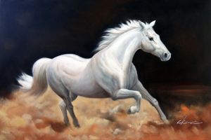 白い馬ランニングポートレートほこりっぽいトライの家の装飾手塗りのHDプリント油絵キャンバスの壁アート写真 F2012017