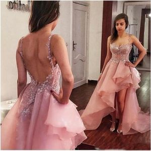 2020 High Low Pink Prom Dresses Sexy Backless Spaghetti Straps Beaded Lace Applique Tiered Organza Plus Size Evening Gowns Formal Occasion