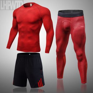 Erkek Spor Takım Elbise 3-Piece Koşu Termal İç Çamaşırı Sıkıştırma Spor Yılan Derisi Giysileri T-shirt Koşu Tayt Track Suit LJ201125