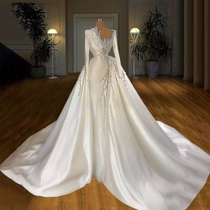 Major Pärlor Beading Overkirts Mermaid Bröllopsklänningar med avtagbart tåg Satin Long Bridal Dress Muslim Gowns Vestidos de Novia