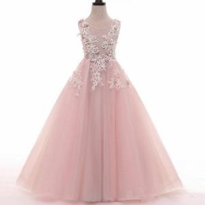 Pembe Tül Dantel Şeffaf Bir Çizgi Peri Prenses Pageant Çiçek Kız Elbise Çocuk Doğum Günü Boncuk Düğün Nedime Kıyafet Aplikler Backless