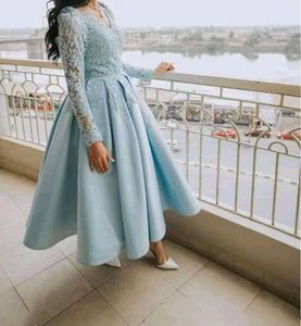 Elegant Ankle Length Long Sleeve Evening Dresses 2022 Lace Appliques Satin A Line Formal Party Gowns Girls Homecoming Prom Dress Deep V-neck Special Occasion Wear