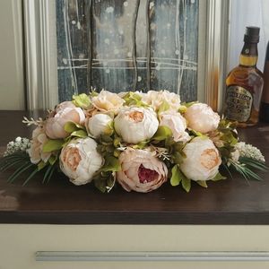 Пользовательский роскошный DIY Свадебный декор стол цветок бегун искусственный цветочный ряд расположение столовые центр центральные части розовые пионы зеленый лист T200509