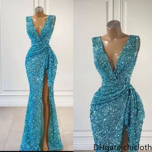 NOWY! Nowe błyszczące cekingi Sukienka Głęboka V Neck Krótkie rękawy Mermaid Glitter Split Side Evening Suknie Czerwony Carpet Prom Dresses Xu