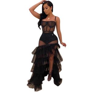 Sexy Diamond Black Mesh Charming Women Party Dresses See Through A Line Nightclub Abito casual alla caviglia