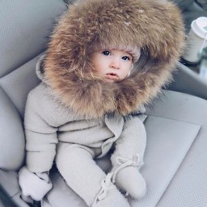 Infant Baby Rompers Winter Clothes Newborn Baby Boy Girl Knitted Sweater Jumpsuit raccoon Fur Hooded Kid Toddler Outerwear 201127