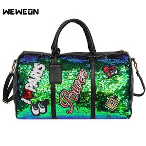 Women's Sequins Sport Gym Bag Stylish Embroidery Handbag Soft PU Gym Travel Tote for Lady Girl Workout Weekend Duffel Luggage Q0113