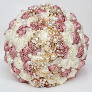 7 cores pérolas casamento nupcial rosa buquets elegante buquê de dama de honra segurando flores falsificadas ouro diamantes festa presente w322g1