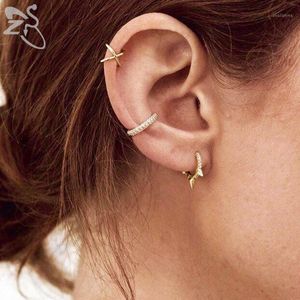 Hoop & Huggie ZS 1 Pair 925 Sterling Silver Earring For Women Zircon Round Gold Color Spike Ear Piercing Chic Jewelry Gift1