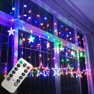 LED String Lights Pentagram Star Curtain Lights Fairy Wedding Urodziny Boże Narodzenie Oświetlenie Kryty Dekoracje Lekkie Zdalne sterowanie Y201020