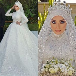 Paillettes lucide Abiti da sposa musulmani con maniche lunghe Hijab Perline Abiti da sposa taglie forti Abiti di lusso arabo De Mari￩e