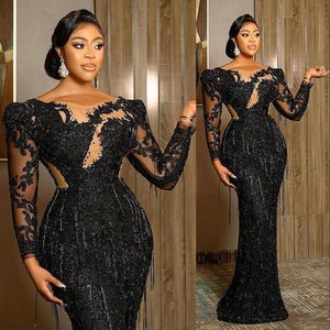 2022 Sexiga Arabiska Dubai Aftonklänningar Använd svart Sequined Lace Bling Crystal Pärlor Långärmade Sleeves Mermaid Plus Size Party Prom-kappor Cutaway Sidor Golvlängd