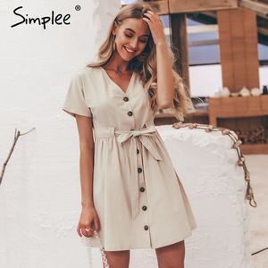 Simplee Vintageボタン女性のドレスシャツVネック半袖コットンリネンショートサマーオフィスのドレスカジュアルな韓国のvestidos LJ200808