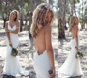 Country Sexy Backless Tromba Abiti da sposa Spaghetti Strap Abito da sposa in pizzo pieno Economici Sirena Sweep aperto indietro BOHO Abito da sposa BA1596