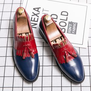 Oxford Men Casual Dress Shoes Blue Red Patchwork Tassel PU Leather Party Shoes Groom Wedding Outfit Gentleman British
