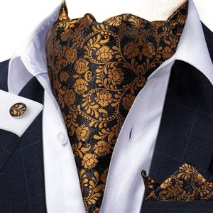 Bow Ties Luxury Gold Black Floral Silk Cravat Ascot Scruch Self Tie Men Vintage Pocket Square Set For Wedding Party Dibangu1