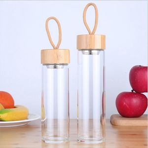 380ml 450 ml Yüksek Kaliteli Cam Su Şişeleri Bambu Kapak Içecek İpli İçecekler Için Şişelenmiş İçecekler için Açık Kısa Taşınabilir Çay Şişesi 201221