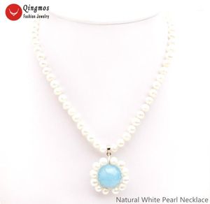 Naszyjniki wisiorek Qingmos Natural Pearl Naszyjnik dla kobiet z mm White mm Sky Blue Jade Kamienna biżuteria