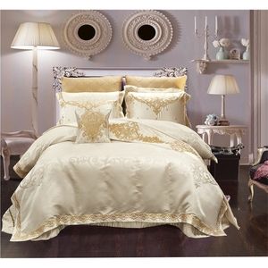 Luxus Hochzeit Bettwäsche Set 10 stücke Königin König Größe Bettlaken Bettdecke Satin Baumwolle Bettdecke Coverset Kissenbezug Juego de Cama 201119