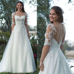 Elegant Garden Wedding Dress A Line Half Sleeve Long Beach Bridal Gowns Lace Appliques Scoop Neck Ivory Wedding Dresses Back Buttons