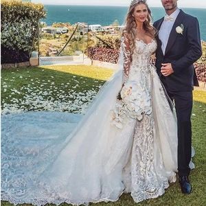 Modestas mangas compridas sereia vestido de casamento com traje de capela destacável plus tamanho laço applique cristal