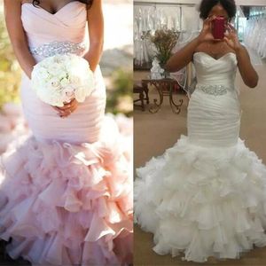 Gorgeous Pink Long Mermaid Wedding Dresses Sweetheart Sash Lace Up Ruffles Tieres Skirt Plus Size Spring Graden Bridal Dress Wedding Gowns