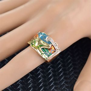 Lotus Leaf Frog Crystal Ring Enamel Flower Cute Animal Rings Jewelry Rhinestone Statement Rings for Women Girl