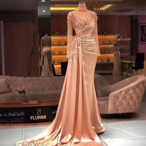 2022 Árabe Aso Ebi Luxuoso Frisado Sereia Vestidos de Noite Formal Sleeves Longo Pescoço PePlum Cetim Prom Festa Do Prom Grawnt Vestido Segundo Vestidos de Recepção