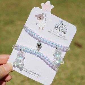 2pcs Creative Cute Bear Couple Matching Friendship Magnetic Bracelet Hair Rope Wristband Distance Kit Jewelry