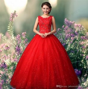 2021 Red Tulle Aplikacje Quinceanera Suknie Suknia Balowa Ruffles Zroszony Kryształy Długość podłogi Lace Up Sweet 16 Dress Party Suknia Q32