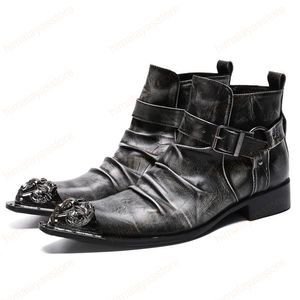 Plus Size Moda Pointed Toe Plissado Homem Handmade Sapatos de Couro Genuíno Homens Cowboy Ankle Botas