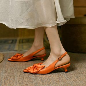 Orange Black Satin Slingbacks Summer Pumps Flower Mouse Heel Womens Wedding Dress Shoes