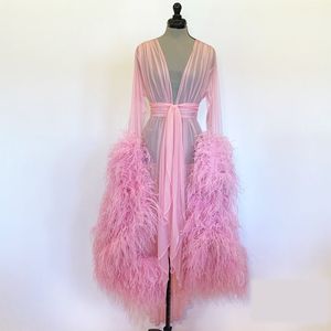 Yeni Devekuşu Tüy Gelin Pijama Bornozlar Lüks Pembe Seksi V Boyun Uzun Kollu Custom Made Ruffles Tül Kadın Pijama Pijama Elbiseler