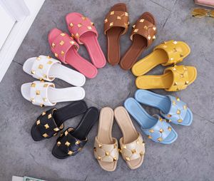 Top quality designer womens slippers decorative round buckle fashion new summer open toe flat heel rivet leather slippers half with shoebox size 35-42